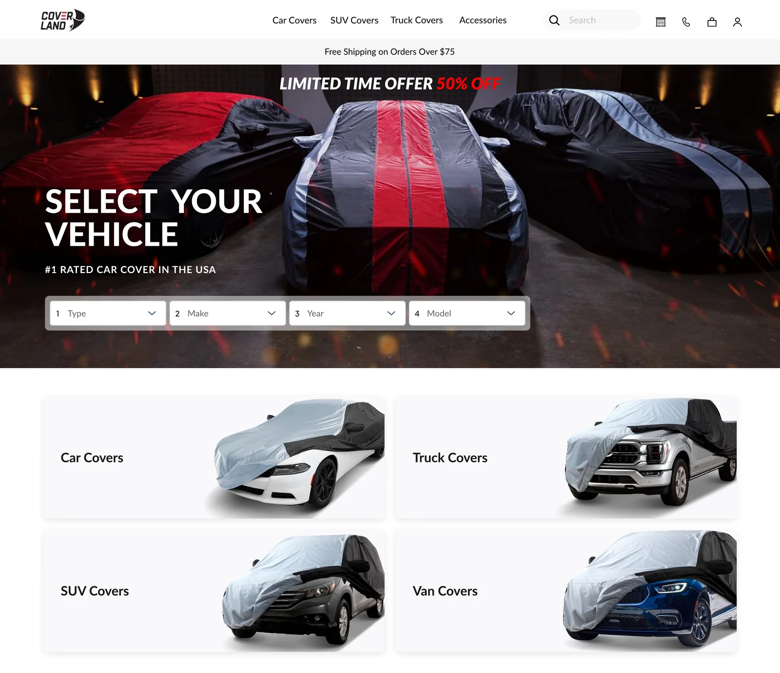 The Coverland homepage with its vehicle selector and best-selling product rows.