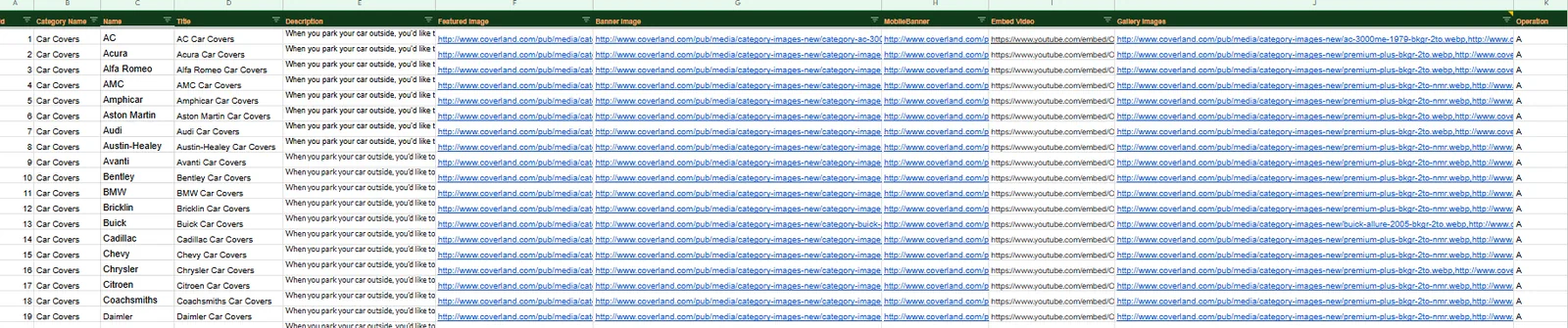 The Coverland product catalogue in Google Sheets, showing category, name, description and image URL columns across dozens of rows.