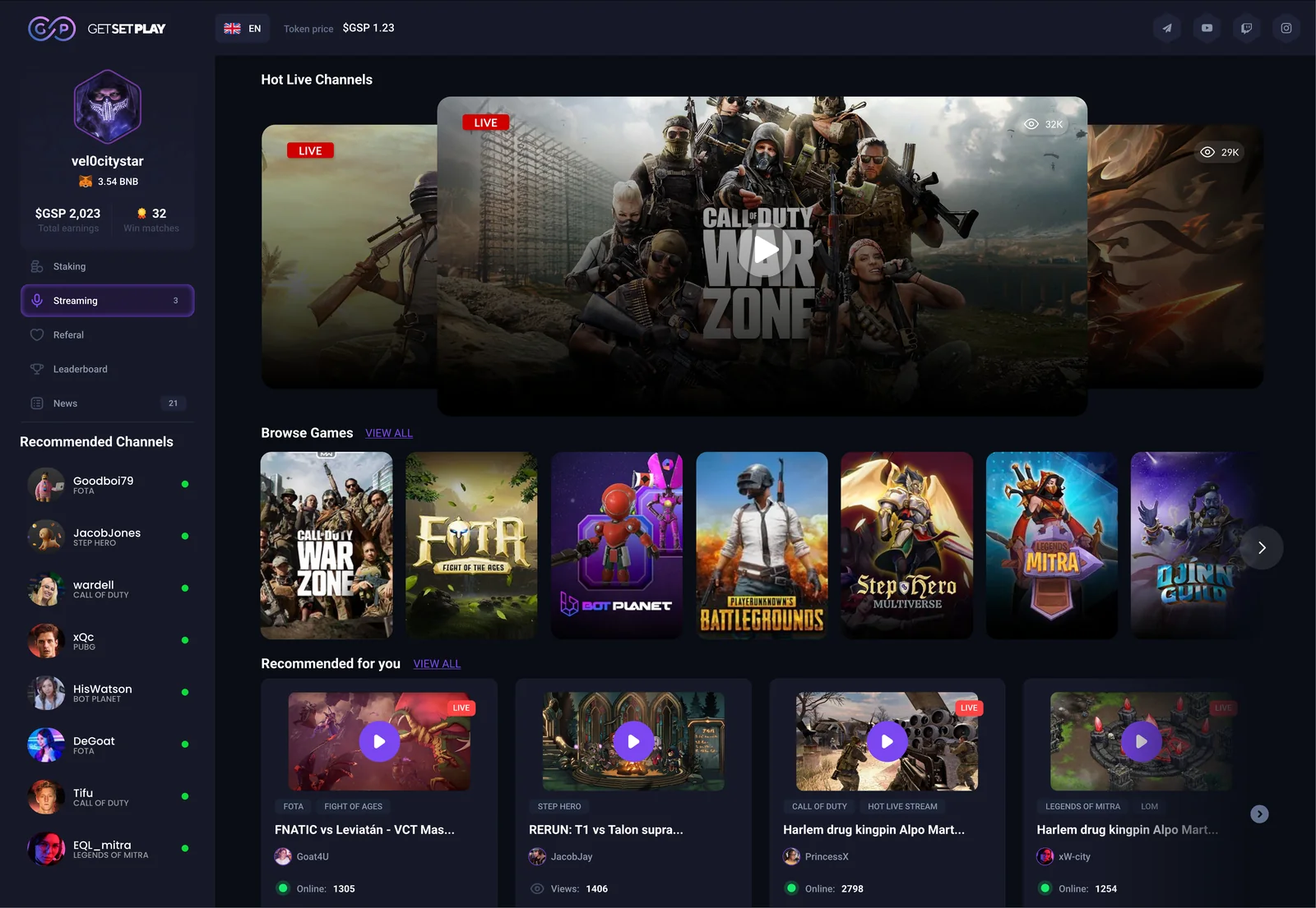 The GetSetPlay discovery hub, showing browsable rows of games and live channels.