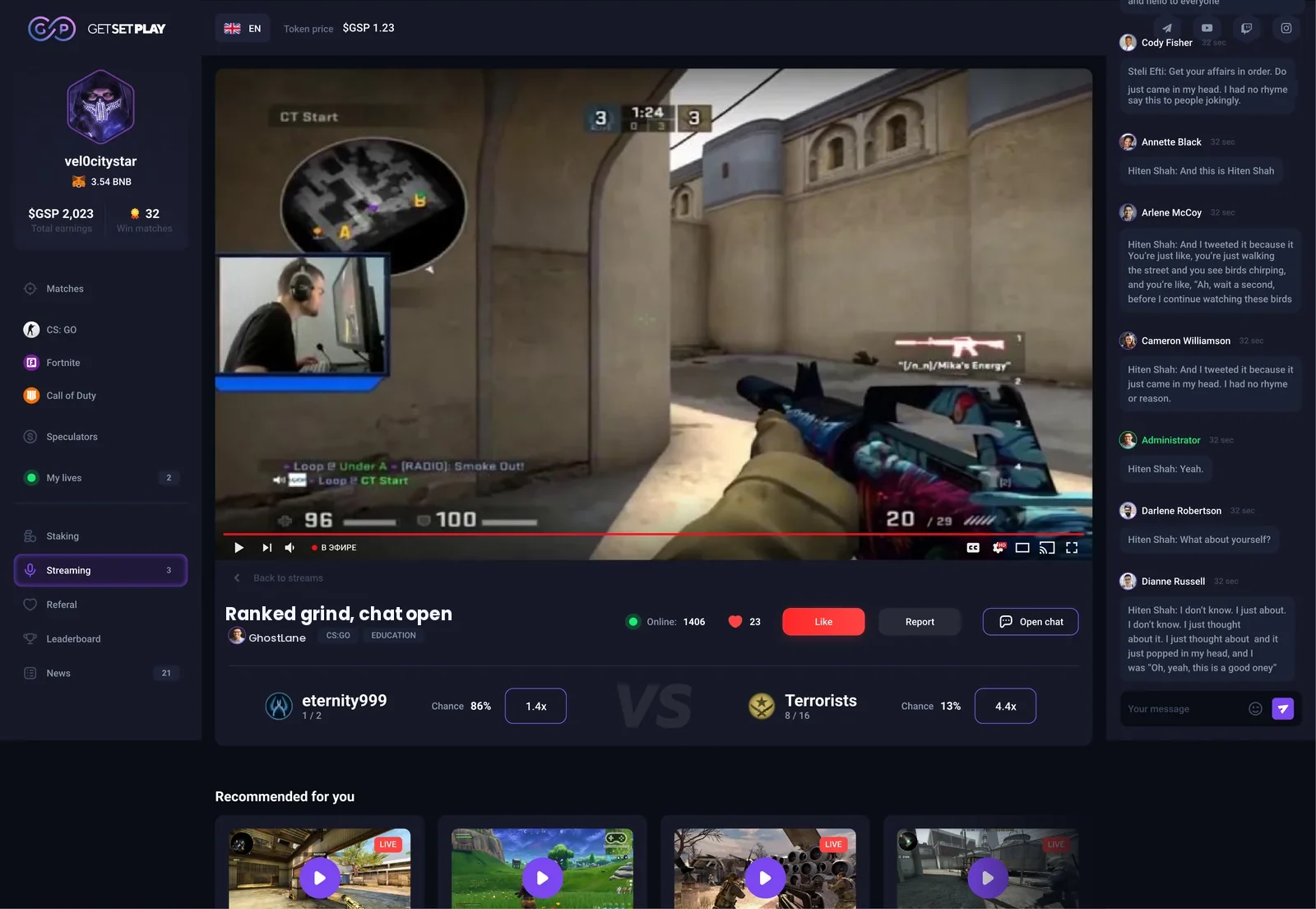 A GetSetPlay live stream view with the gameplay window, a chat panel, and viewer odds on the match outcome.