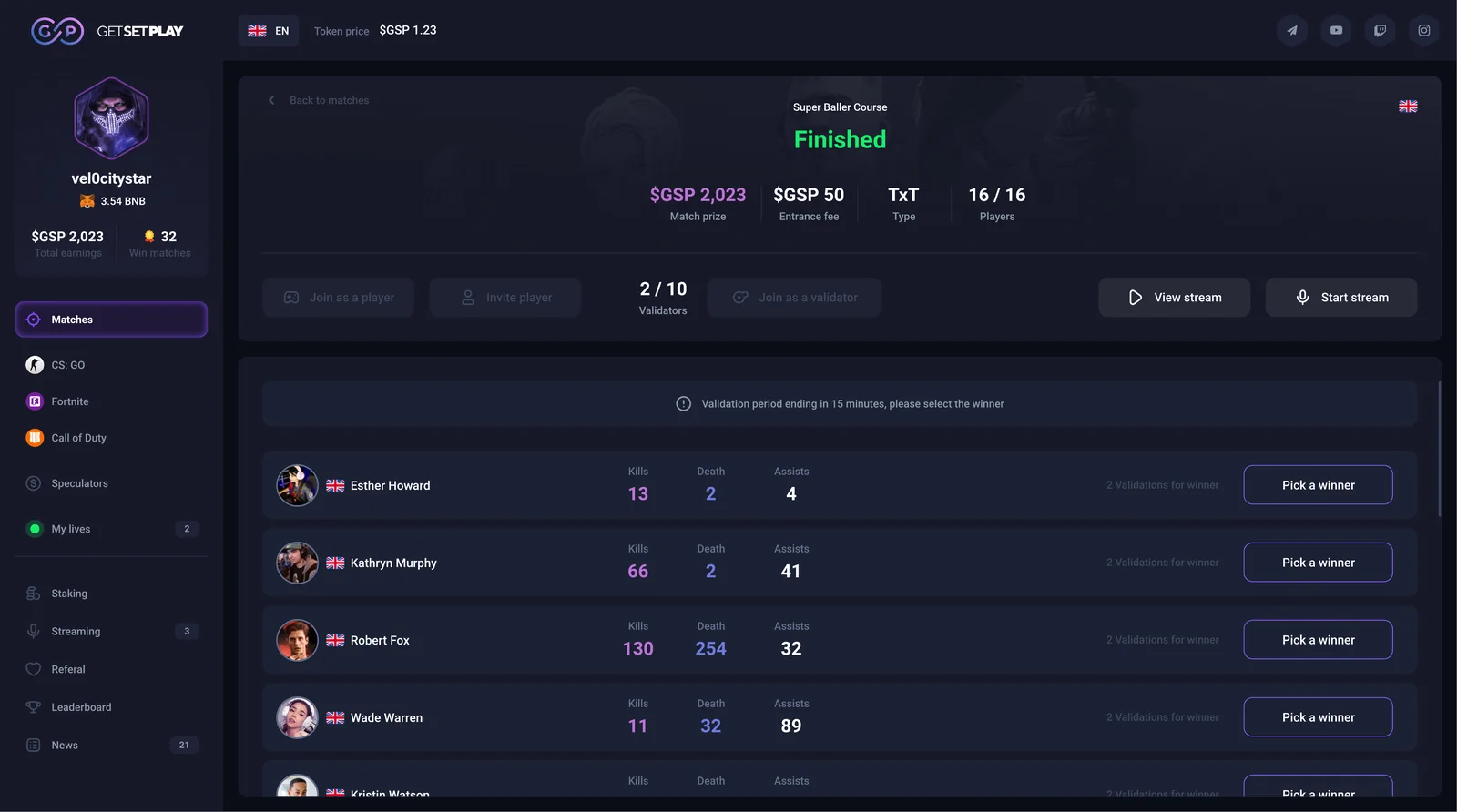 A GetSetPlay tournament results screen listing match placements alongside validator confirmation and the prize pool.