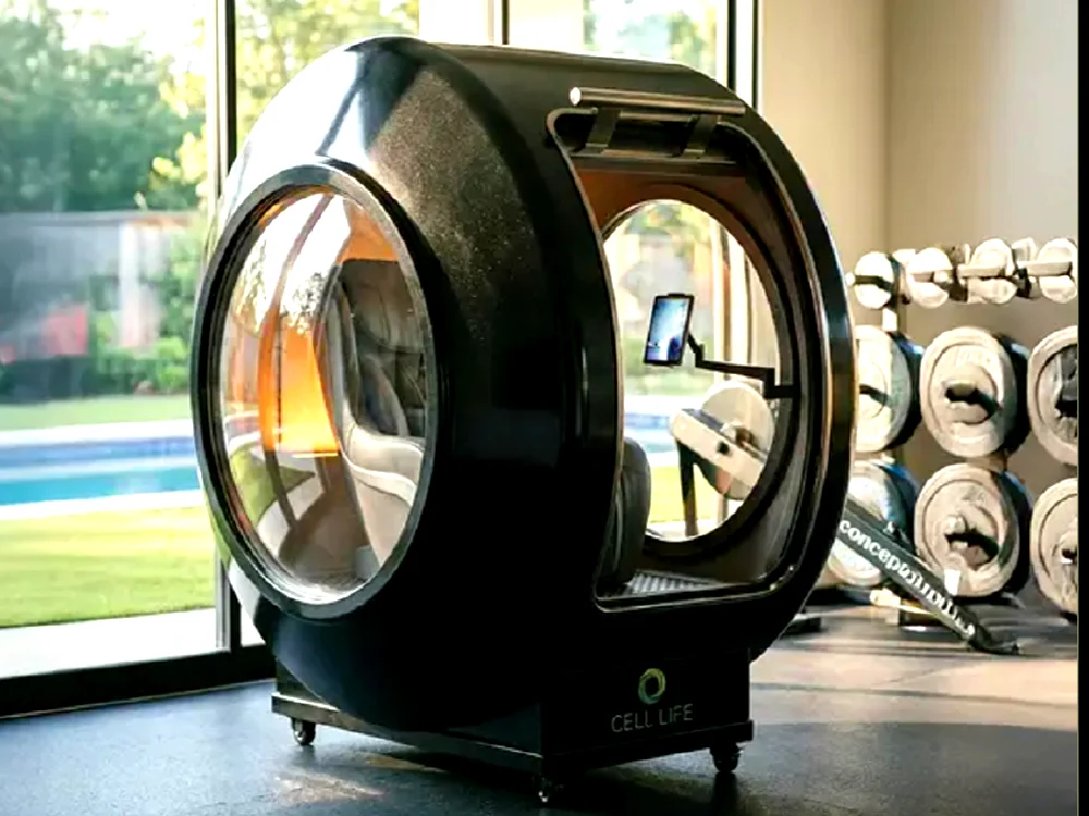 A Cell Life Nexus hyperbaric chamber installed in a home gym.